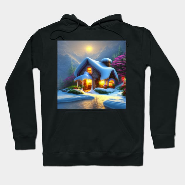 Magical Fantasy Cottage with Lights In A Snowy Scene, Scenery Nature Hoodie by Promen Art